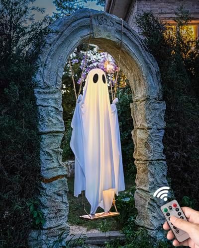 Halloween Decorations Outdoor - 5 FT Large Hanging Swing Ghost Halloween Decor with String Lights, Spooky Cute Ghosts Decorations for Front Porch Yard Tree - Image 4