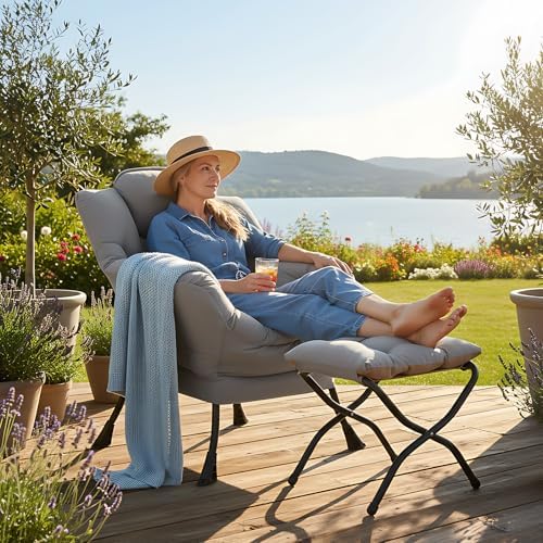 Welnow Lazy Chair with Ottoman, Reading Chair with Footrest,Soft Gray - Image 2