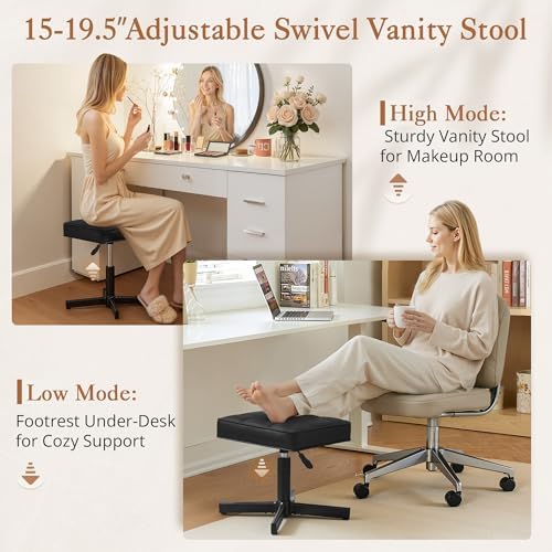 LUE BONA Adjustable Vanity Stool, Foot Rest Under Desk, 360° Swivel Vanity Chair for Makeup Room, Black Upholstered Faux Leather Ottoman for Bathroom & Living Room, 300lbs - Image 3