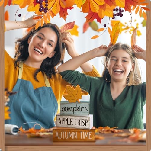 Lineshading 4 Pcs Fall Table Decor for Home, Wooden Maple Leaves Block Sign - Image 6