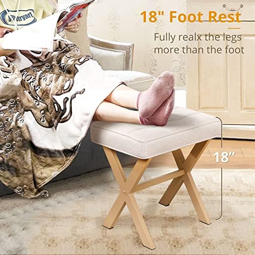LUE BONA Square Linen Makeup Stool, Metal X Legs, Small Ottoman Stool Chair for Vanity, Modern Padded Seat Foot Rest for Makeup Room, Bathroom - Image 4