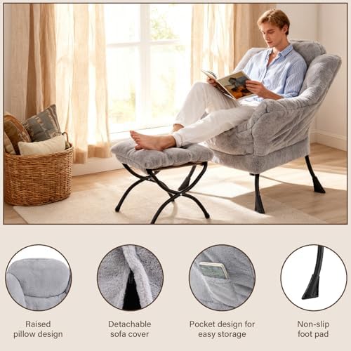Welnow Lazy Chair with Ottoman, Reading Chair with Footrest, Grey - Image 4