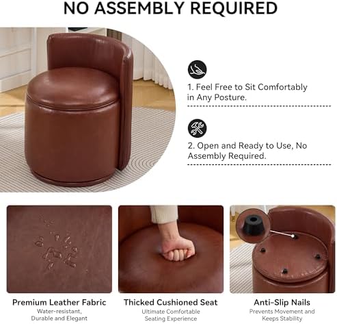WUTUTUEE Faux Leather Vanity Chair with Storage, 360° Swivel Makeup Chair with Pleated Back, No Assembly Small PU Accent Stool for Bedroom, Dressing Room, Living Room, Brown - Image 4