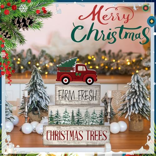 Lineshading 4 Pcs Christmas Table Decor, Red Truck Tree Wood Block Sign - Image 4