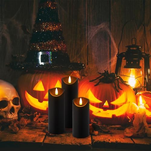 YOROXRG 24 Pack Halloween Decoration Flickering Flameless Candles, Battery Operated LED Pillar Candles with Remote Control and Timer.for Home Decor (D2.2 xH 5" 6" 7" Black) - Image 4