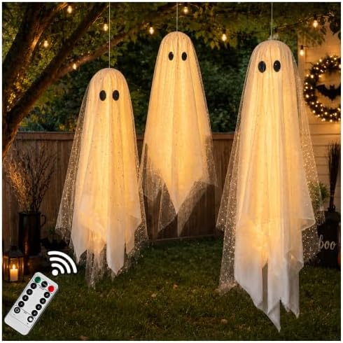 AYGXU Halloween Decorations outdoor/indoor-3pcs Hanging Ghost Decor with Light,Halloween Ornaments,Hallowee n Decor for Porch,Tree,Yard,Window,Garden by AYGXU