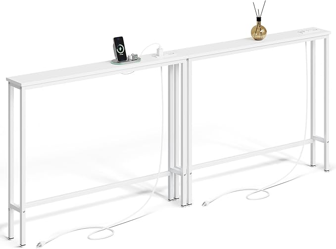 ELYKEN 2 Pack 5.9" Narrow Console Sofa Table with Power Outlets, 5.9" Dx39.4 Wx31.1 H Long Couch Table with Metal Frame and Charge Station with 6.5’ Extension Cord, White
