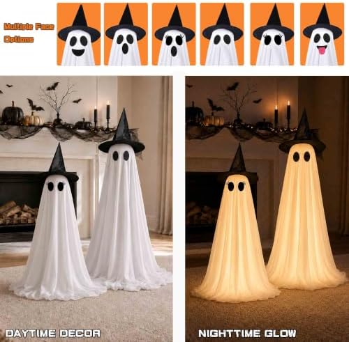 2 Pack Halloween Ghost Decorations, Light Up Ghosts with Witch Hat and Remote Control String Lights, Spooky DIY Ghost Kit for Outdoor Halloween Decorations Porch Yard Garden Lawn Indoor Party - Image 2