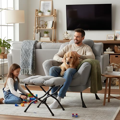 Welnow Lazy Chair with Ottoman, Reading Chair with Footrest,Soft Gray - Image 4