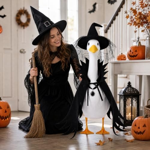 Halloween Witch Porch Goose Outfit Lace Spider Web Hat Goth Cape - Image 3