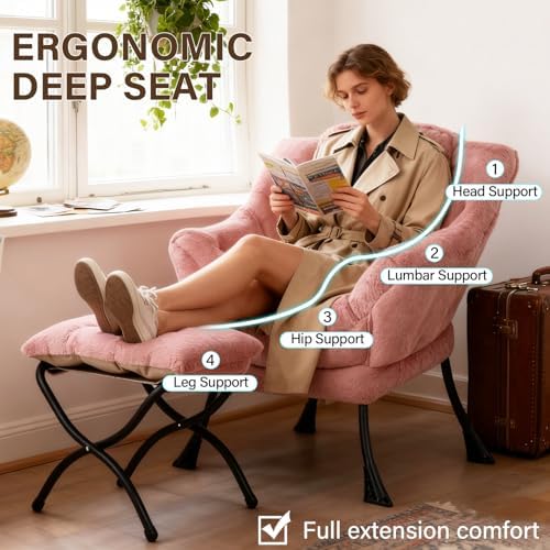 Welnow Lazy Chair with Ottoman, Reading Chair with Footrest, Dark Pink - Image 6