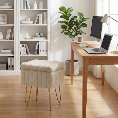 DUMOS Vanity Stool Chair, Ottoman with Storage, Makeup Cute Soft Small Footstool, Modern Style Faux Fur Seat with 4 Metal Legs & Adjustable Feet for Dressing, Living Room Bedroom Dorm, Taupe - Image 2