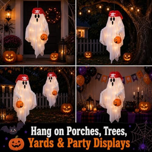 JPXH 2 Pack Hanging Pirate Ghost Decorations with Lights for Halloween - Image 6
