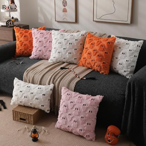 DFXSZ Halloween Pillow Covers 16x16 inch 2Pcs Orange Ghost Halloween Decor - Image 5