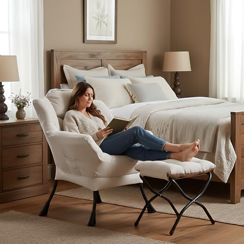Welnow Lazy Chair with Ottoman, Reading Chair with Footrest, Beige - Image 5