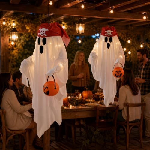 JPXH 2 Pack Hanging Pirate Ghost Decorations with Lights for Halloween - Image 4