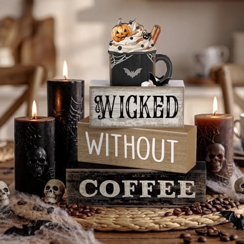 Lineshading 4 Pcs Halloween Coffee Table Decor, Gothic Black Wood Sign Home - Image 3