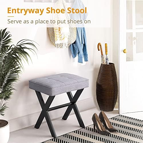 LUE BONA Vanity Stool - Square Linen Makeup Seat With Metal X Legs, Small Ottoman Chair for Makeup Room, Living Room, Bathroom - Modern Padded Foot Rest, Dark Gray - Image 5