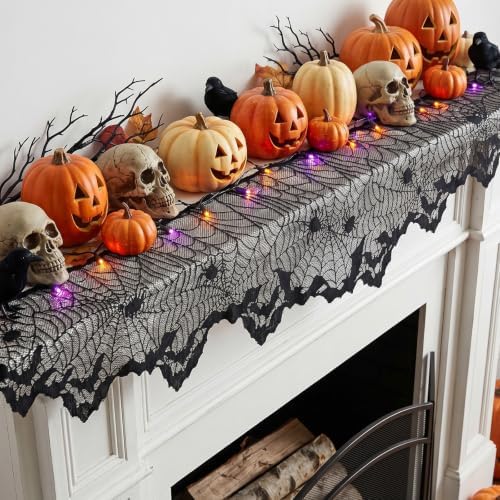 Black Lace Cobweb Halloween Fireplace Mantel Scarf Cover Decor, 18x96 in - Image 5