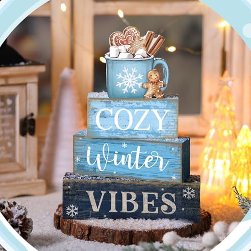 Lineshading 4 Pcs Christmas Table Decorations Wooden Blue Hot Cocoa Signs - Image 2