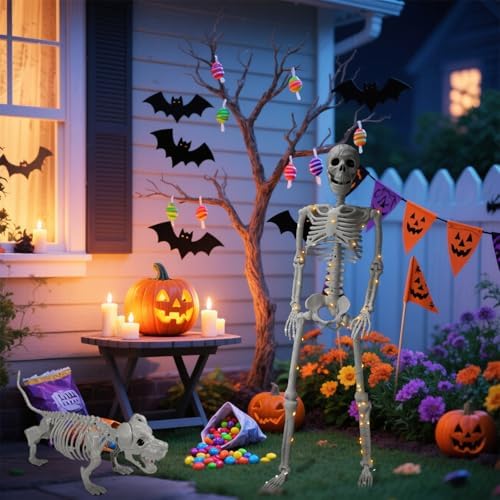 Lighted Human & Dog Skeleton Halloween Decorations Outdoor/Indoor - 36 Inch Realistic Full Body Movable Posable Skeleton Spooky Halloween Decor for Garden Yard Porch Party Haunted Graveyard - Image 6