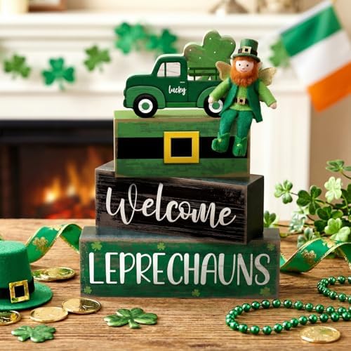 Lineshading 4 Pcs Wooden Leprechaun Block Signs Tiered Tray Decor - Image 3
