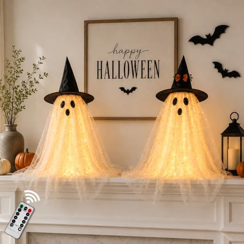 AYGXU 2pcs Halloween Decorations Indoor,Ghost Decor with String Lights Remote Control,Halloween Party Decorations,Spooky Ghost Light for Home Table Room Kitchen Office by AYGXU