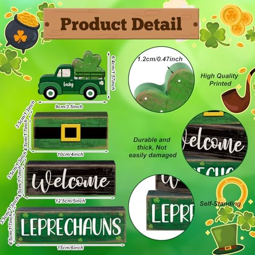 Lineshading 4 Pcs Wooden Leprechaun Block Signs Tiered Tray Decor - Image 4