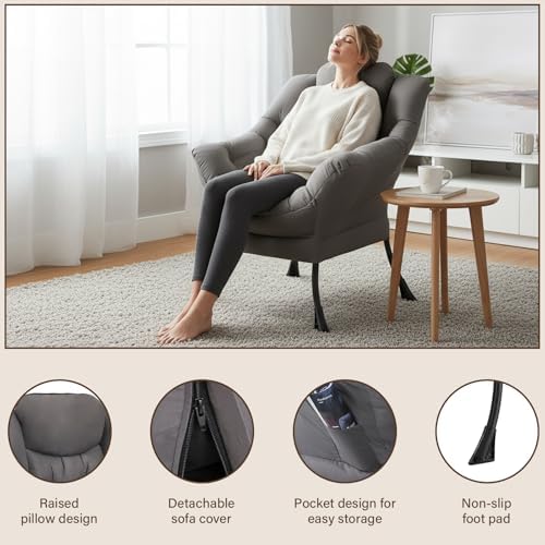 Welnow Lazy Chair for Adults，Modern Reading Accent Chair,Dark Grey Single - Image 4