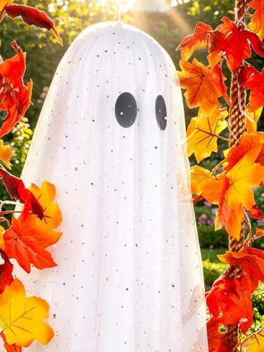 AYGXU Halloween Decorations Outdoor Indoor-5.3ft Hanging Ghost Decor with a Maple Leaf 6.6ft Swing,Ghost Light,Halloween Decor for Tree,Yard,Porch,Garden - Image 4