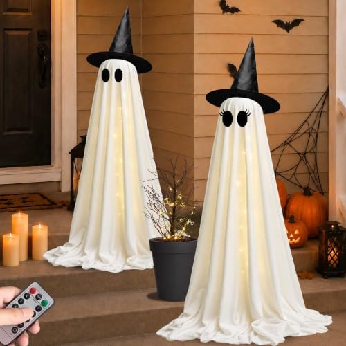 2 Pack Halloween Ghost Decorations, Light Up Ghosts with Witch Hat and Remote Control String Lights, Spooky DIY Ghost Kit for Outdoor Halloween Decorations Porch Yard Garden Lawn Indoor Party by Watlie