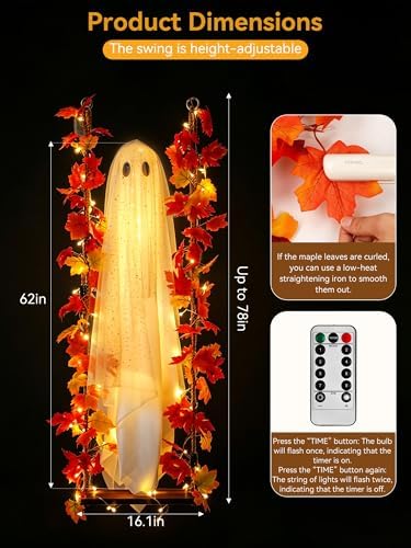 AYGXU Halloween Decorations Outdoor Indoor-5.3ft Hanging Ghost Decor with a Maple Leaf 6.6ft Swing,Ghost Light,Halloween Decor for Tree,Yard,Porch,Garden - Image 3
