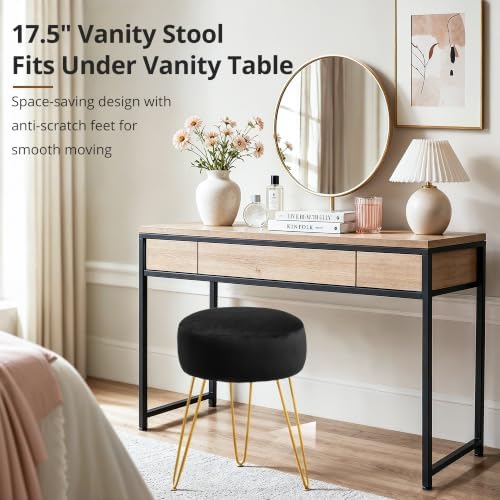 LUE BONA Vanity Stool, Black Vanity Stools for Makeup Room, Round Ottoman Foot Stool, Velvet Footrest Vanity Chair for Bathroom Vanity, Bedroom, Living Room, Entryway, Offices - Image 4