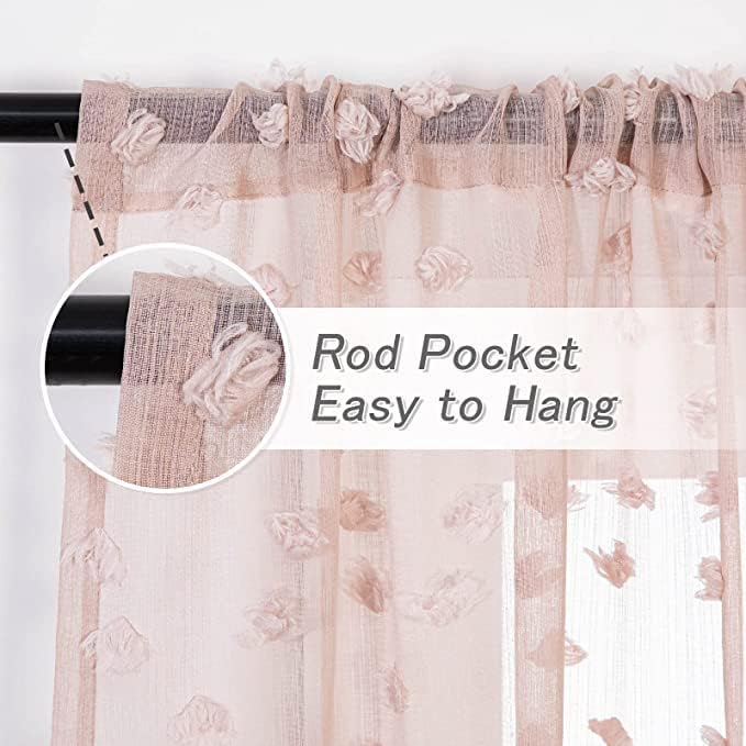 MYSKY HOME Pom Pom Pink Sheer Curtains for Bedroom Girls Room Dusty Rose Curtains 72 Inches Long for Nursery Kids Light Filtering Boho Window Drapes, Rod Pocket, 52" Wide, 2 Panels
