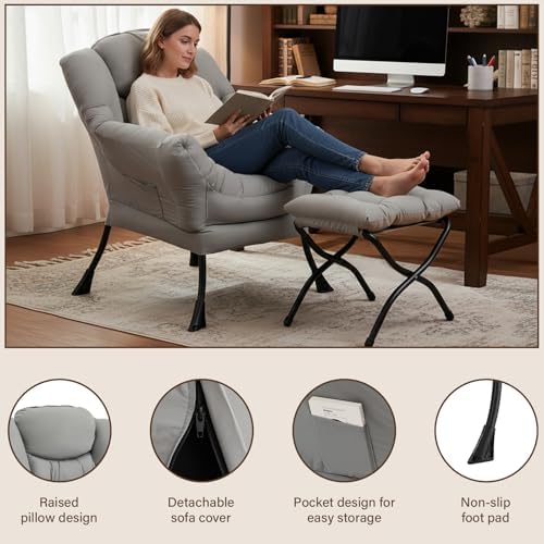 Welnow Lazy Chair with Ottoman, Reading Chair with Footrest,Soft Gray - Image 6