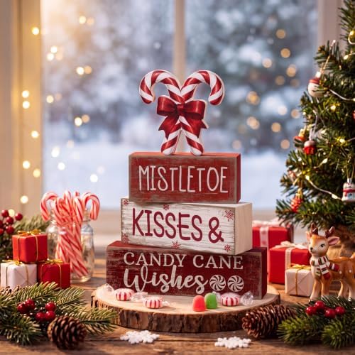 Lineshading 4 Pcs Christmas Table Decorations Wooden Candy Cane Decor Christmas Centerpiece Rustic Winter Tiered Tray Decor Red and White Candy Cane Block Signs Gift Xmas Decoration for Home Decors - Image 2