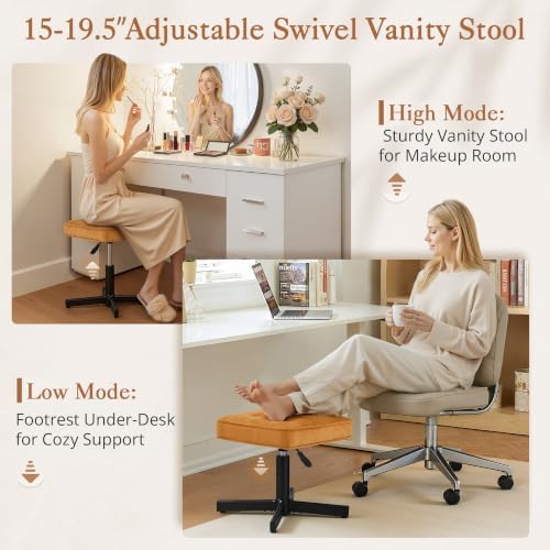 LUE BONA Adjustable Vanity Stool, 15''-19.5'' Foot Rest Under Desk, 360° Swivel Vanity Chair for Makeup Room, Ginger Yellow Upholstered Suede Ottoman for Bathroom & Living Room, 300lbs - Image 3