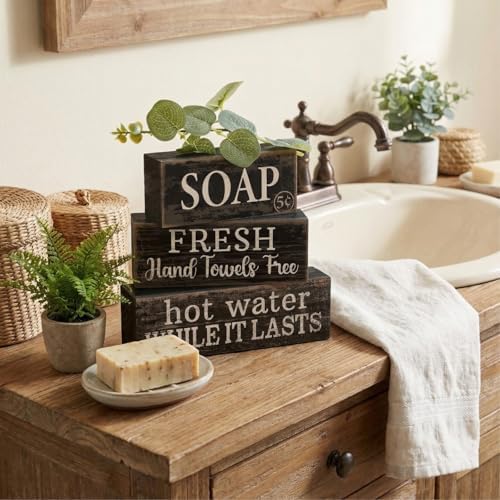 Lineshading 4 Pcs Wooden Bathroom Block Signs, Farmhouse Shelf Decor - Image 2