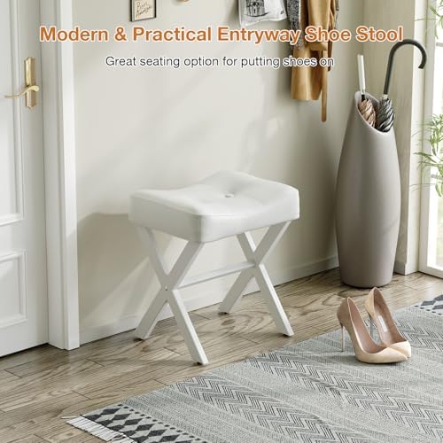 Memobarco 18-Inch Leather Vanity Stool Chair, White Makeup Stool - Image 6