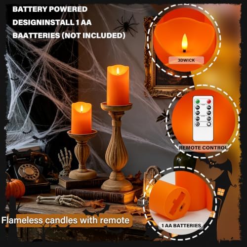Nimiko Flameless Candles with Remote, Battery Operated Flickering Flameless Candles, LED Candles with Timer 2/4/6/8H, with Realistic LED Candles Set of 9 (D3 x H 3" 4" 5" 6" 7") (Orange) - Image 3
