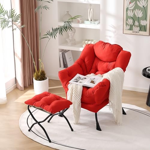 Welnow Lazy Chair with Ottoman, Reading Chair with Footrest,Red - Image 2
