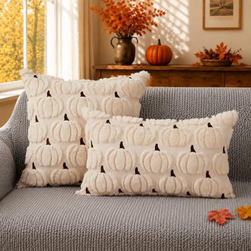 DFXSZ Fall Pillow Covers 12x20 2Pcs Beige Brown Pumpkin Fall Decorations - Image 3