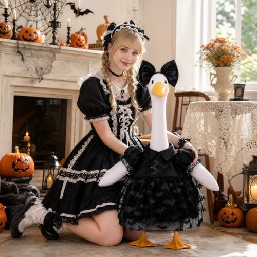 Halloween Porch Goose Outfit Gothic Lolita Bat‑Pattern Lace Dress and Bow - Image 2