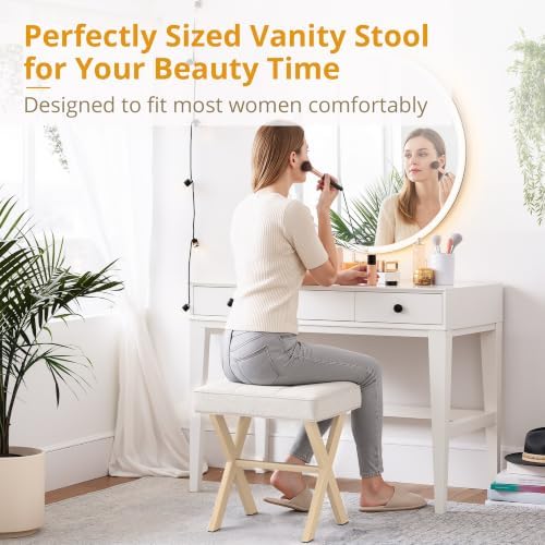 LUE BONA Square Linen Makeup Stool, Metal X Legs, Small Ottoman Stool Chair for Vanity, Modern Padded Seat Foot Rest for Makeup Room, Bathroom - Image 3