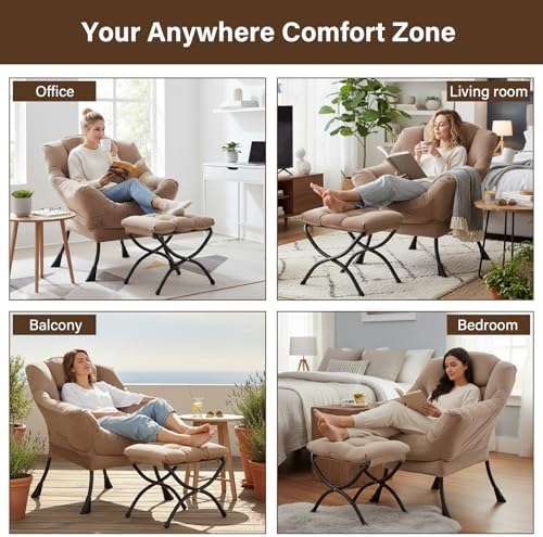 Welnow Lazy Chair with Ottoman, Reading Chair with Footrest, Light Brown - Image 6