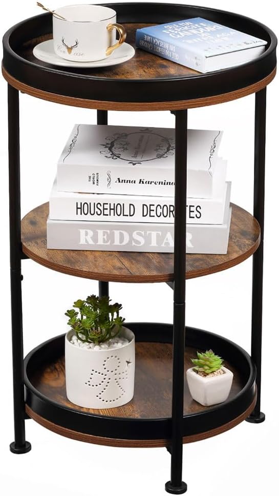Dulcii Side Table, Round End Table with 3 Storage Shelves for Living Room, Bedroom, Nightstand with Steel Frame for Small Spaces, Industrial Round Sofa Table, Outdoor Accent Coffee Table, Rustic Brown