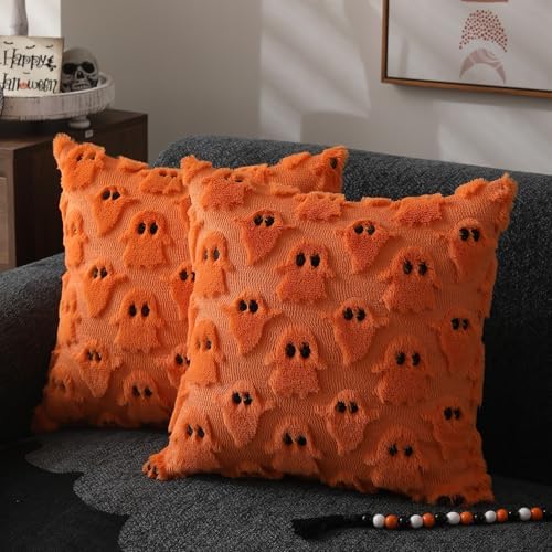 DFXSZ Halloween Pillow Covers 16x16 inch 2Pcs Orange Ghost Halloween Decor by DFXSZ