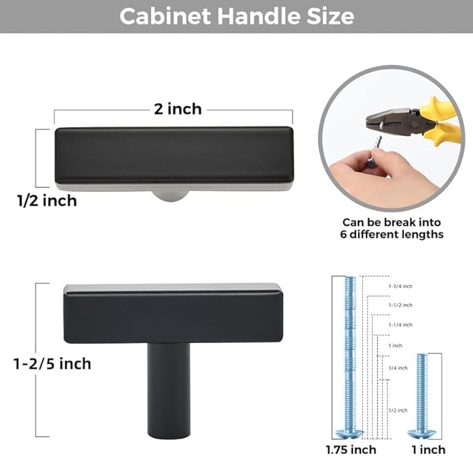 3 Pack Black Cabinet Knobs - Sqaure Bar Cabinet Pulls Matte Black Knobs for Kitchen Drawer Stainless Steel Dresser Pulls for Kitchen Hardware 2in Length Single Hole