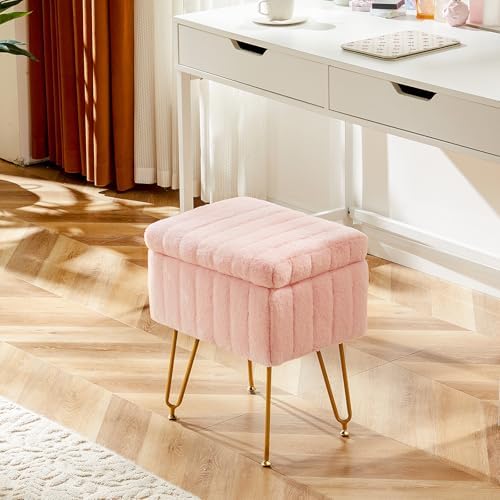 Sweetcrispy Vanity Stool Chair with Storage, 18.9”H x 16”L x 12.2”W Ottoman Chair Faux Fur Soft Padded Makeup Footstools Seat with 4 Metal Legs Anti-Slip Adjustable Feet for Make Up, Pink - Image 2