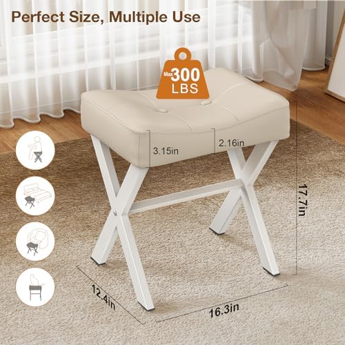 Memobarco 18-Inch Leather Vanity Stool Chair, Beige Makeup Stool - Image 2